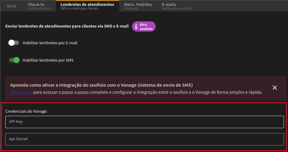 Insira as credenciais coletadas no Vonage
